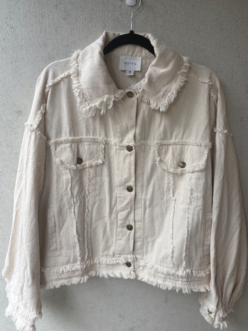 HYFVE Cream Raw Hem Frayed Oversized Denim Jacket Medium